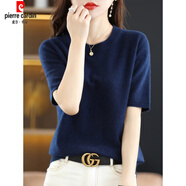 皮爾卡丹（pierre cardin）春秋圓領(lǐng)短袖女毛衫寬松短款打底衫半袖針織衫薄款夏季針織短袖衫 【海藻藍】短袖圓領(lǐng) L 【110-125斤】