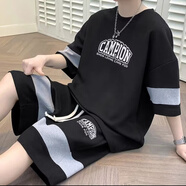 宗獅猴短袖T恤男士休閑套裝男韓版潮流寬松潮男五分半袖一套衣服男青少  F34黑色套裝（上衣+褲子） 2XL【建議140-150斤】