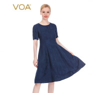 VOA真丝38姆米提花重磅暗纹桑蚕丝明线装饰中长款连衣裙 A70 深蓝青花（A84） 155/S