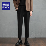 羅蒙（ROMON）毛呢休閑長(cháng)褲子男士秋冬季錐形垂感修身加絨商務(wù)休閑西裝褲子男褲 黑色九分 29