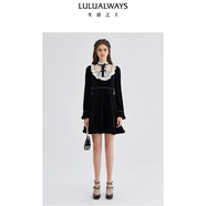 LULUALWAYS我愛(ài)露露24冬季新款經(jīng)典黑白撞色重工花邊拼接連衣裙女 黑色  S 黑色  S