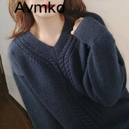 潮牌Avmko毛衣秋冬新款酒紅色v領(lǐng)毛衣復(fù)古日系慵懶寬松外穿加厚套頭麻花針織上衣女 藏青色毛衣 M