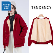 真維斯（JEANSWEST）羊羔絨外套女裝秋冬季新款加絨加厚開(kāi)衫衛衣女冬天女生保暖棉衣服 酒紅 純色 XL