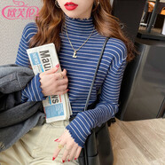 歐芙倫條紋針織衫女半高領(lǐng)洋氣秋冬加厚保暖內搭打底衫女毛衣套頭上衣 藍色 均碼