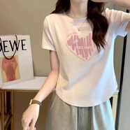 玖卡依短袖t恤女2024夏季新款女裝不規(guī)則短款修身半袖體恤休閑美式上衣 白色大紅心 L 建議105-120斤