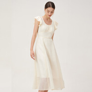 范思藍恩紅白格子約會(huì )連衣裙女2024夏季新款遮肉飛飛袖裙子12344 米白色 S