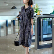 皮爾卡丹（pierre cardin）官方高端香云紗裙子寬松氣質(zhì)翻領(lǐng)印花連衣裙女2025夏季新款藍(lán)色休 品牌旗艦圖片色 L 品牌旗艦 建議130斤以內(nèi)