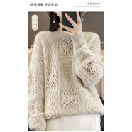 KAISENSHI鄂爾多斯市產(chǎn)純羊毛衫女圓領純手工勾花鏤空毛衣寬松套頭羊毛 原絨米 2XL