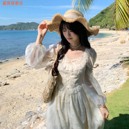 藏顏新款春季甜美設計仙女白色網(wǎng)紗長(cháng)袖雪紡氣質(zhì)連衣裙法式公主長(cháng)裙子 杏色 S