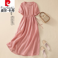 皮爾卡丹（pierre cardin）棉麻polo領(lǐng)襯衫連衣裙女夏收腰抽繩系帶顯瘦氣質(zhì)大擺高端亞麻裙子 粉紅色 M