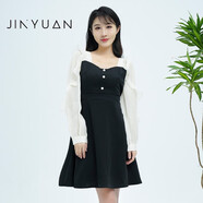 金苑（JINYUAN）連衣裙女2023春新款假兩件拼接方領(lǐng)氣質(zhì)顯瘦高腰裙子G231103 黑色 M