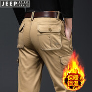 吉普（JEEP）休閑褲男純棉寬松直筒工裝褲男秋冬季新款多口袋大碼男士長(cháng)褲子 卡其色(加絨) 30