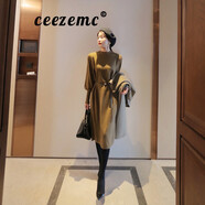 ceezemc香港潮牌針織衫直筒連衣裙女 2025春季新款修身簡約百搭打底裙子 橄欖綠 M