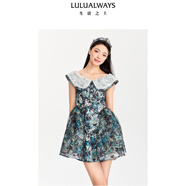 LULUALWAYS夏季新款無(wú)袖網(wǎng)紗蕾絲裝飾短款連衣裙 黑色 S