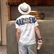 OLOEY 香港潮牌美式重工刺繡黑色短袖T恤男印花貼布寬松痞帥半袖打底衫 白色 2XL 160斤-175斤