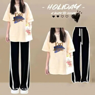 夏天初中學(xué)生青少女套裝13到15歲中大童夏季女裝棉短袖t恤2024年 杏色t恤+白邊庫兩件套 55 1 s建議60-85斤