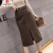 皮爾卡丹（pierre cardin）加厚款毛呢半身裙2025冬季半身裙中長(cháng)款氣質(zhì)顯瘦開(kāi)叉a字一步包裙 咖色開(kāi)叉款 XL 建議115-125斤