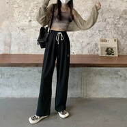 月袖（YUEXIU）原宿運(yùn)動(dòng)褲女春秋夏高腰寬松直筒休閑衛(wèi)褲薄款慵懶垂感拖地闊腿褲 黑色 S (收藏關(guān)注優(yōu)先發(fā)貨)
