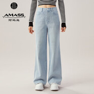 阿瑪施（AMASS）女裝新款寬松高腰百搭休閑水洗牛仔長褲女5100388 薄款淺藍 S (2碼)