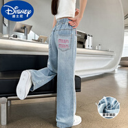 迪士尼（Disney）女童夏季薄款軟牛仔褲子女2024新款高腰窄版兒童闊腿褲女大童直筒 淺藍(lán)MIN(天絲薄款) 【現(xiàn)貨速發(fā)】 160(適合150-160cm，11-12歲)(1