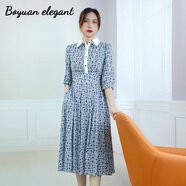柏媛雅致法式復古藍色印花波點(diǎn)連衣裙高級感修身五分袖翻領(lǐng)茶歇中長(cháng)裙女 藍色 S