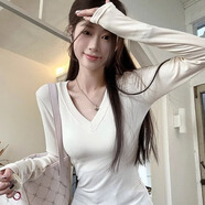 沂懿長(cháng)袖t恤女內搭v領(lǐng)打底衫可外穿2025新款秋季辣妹修身上衣黑白正肩 正肩V領(lǐng)長(cháng)袖T恤【白色】 M 【建議85-105斤】