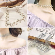 賽魅人鎖骨鏈網(wǎng)紅項鏈女項圈女黑色蕾絲簡(jiǎn)約脖子飾品脖鏈頸鏈頸帶 白珍頸鏈+銀色亮片