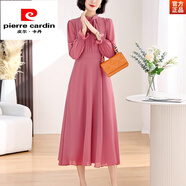 皮爾卡丹（pierre cardin）氣質(zhì)色長(zhǎng)袖連衣裙女春季2024新款春裝高腰顯瘦雪紡裙子春秋女裝 粉色 3XL [140-155斤]