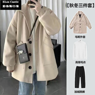 愛(ài)洛斯汀堡毛呢夾克外套男士秋冬季新款加絨加厚保暖韓版衣服男裝 三件套  【卡其+白高領(lǐng)毛衣+加絨西褲】 L 【關(guān)注店鋪優(yōu)先發(fā)貨】
