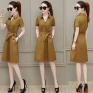 諾煦連衣裙氣質(zhì)女中長(cháng)款夏季2026新款時(shí)尚收腰帶仙女裙短袖小個(gè)子裙子 焦糖色-系帶蝴蝶結 M 建議92-104斤