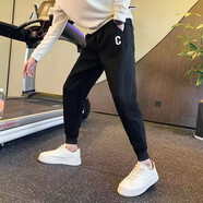 牧臧霸運動(dòng)衛褲男春秋季痞帥束腳九分褲新款加厚修身ins休閑褲男小腳褲 A004黑色 XL