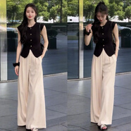 junfangya黑色西裝馬甲女夏季新款今年流行氣質(zhì)百搭無袖上衣闊腿褲兩件套裝 黑色馬甲+杏色闊腿褲【兩件套】 S