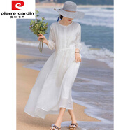 皮爾卡丹（pierre cardin）雙層棉麻白色連衣裙女夏法式感寬松海邊度假飄逸大擺沙灘長裙 白色雙層 (少量現(xiàn)貨) M【建議85-105斤】