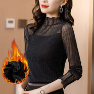 KANJOOP打底衫女秋裝新款半高領(lǐng)蕾絲女內搭網(wǎng)紗小衫黑色長(cháng)袖t恤上衣 黑色 加絨 M