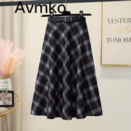 Avmko秋冬新款女中長(zhǎng)款顯瘦毛呢格子大擺半身裙高腰a字遮胯傘裙打底裙 黑色 均碼 85-130斤