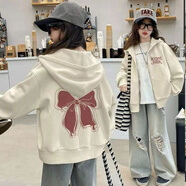 洋氣蝴蝶結(jié)女童開衫拉鏈連帽衛(wèi)衣外套寬松加絨加厚秋冬上衣中大童 杏色（薄款320克） 160碼