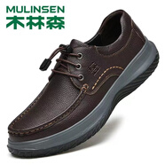 木林森牛皮厚底真皮男鞋增高輕便休閑鞋男軟底系帶皮鞋中老年爸爸鞋 咖啡色 41