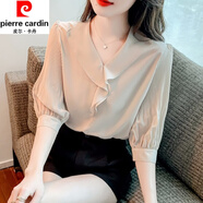 皮爾卡丹（pierre cardin）真絲襯衫女短袖夏季新款時尚襯衫女洋氣質(zhì)高端感高端上衣顯瘦 杏色 L