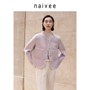 納薇（naivee）冬新款小香風(fēng)高級(jí)綿羊毛雙面呢大衣毛呢短外套小個(gè)子 米色 M