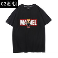 C2潮朝漫威聯(lián)名短袖鋼鐵俠蜘蛛俠T恤男英雄遠征復仇者聯(lián)盟4衣服marvel 黑/雷神 XL