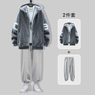 摘星少年衣服男羊羔絨外套男裝三件套冬季連帽潮牌加絨加厚棉衣棉服一套搭配帥氣套裝 2件套灰色加絨 M