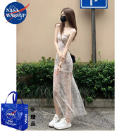 NASAWASSUP純欲風開叉吊帶連衣裙女夏絕美海邊小裙子紗裙小個子收腰包臀長裙 圖片色 XL 建議121-135斤