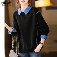 莎妮朵羅大碼女裝胖mm女春秋裝新品顯瘦款遮肚子百搭牛仔翻領(lǐng)衛衣女17514 黑色-預售7天發(fā)貨 XL建議120-140斤穿著(zhù)