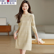 TOME BORNEK專(zhuān)柜湯米女士新款連衣裙棉質(zhì)針織衫中長(cháng)款小香風(fēng)秋冬季裙子 杏色 L 建議95-110斤