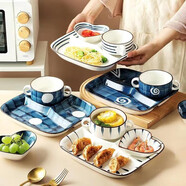 瓷之美一人食分格餐盤(pán)碟陶瓷菜盤(pán)餐盤(pán)家用早餐盤(pán)日式單人餐具北歐創(chuàng  )意 方盤(pán)風(fēng)輪+愛(ài)心碗+雙耳碗+小勺