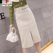 皮爾卡丹（pierre cardin）加厚款毛呢半身裙2025冬季半身裙中長(cháng)款氣質(zhì)顯瘦開(kāi)叉a字一步包裙 杏色開(kāi)叉款 XL 建議115-125斤