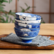 陶趣居 日本進(jìn)口卡通日式碗家用陶瓷碗可愛(ài)招財貓米飯碗高腳碗湯碗餐具 和韻風(fēng) 4.9英寸 五件套（禮盒）