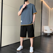 男府男士短袖t恤圓領純棉夏季上衣服男裝夏天半袖體恤衫潮牌休閑套裝 22006鐵灰套裝 M(建議90-115斤)