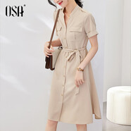 歐莎（OSA）氣質(zhì)職業(yè)連衣裙子女夏季新款中長(cháng)款收腰顯瘦正裝襯衫裙子 奶茶色 XL