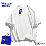 WASSUP HERMU夏季日系短袖t恤男簡約休閑百搭半袖圓領(lǐng)情侶體恤男上衣服 珍珠白 L（建議140-160斤）